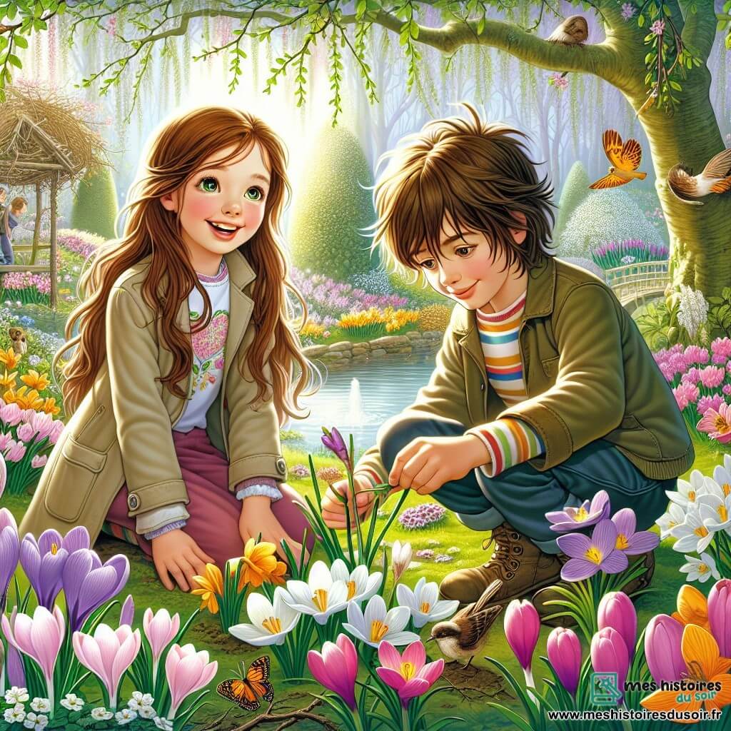 Camille, une fille de 12 ans aux longs cheveux châtains et aux yeux curieux, est agenouillée dans un jardin fleuri, souriante. Elle porte une veste légère et un t-shirt coloré, admirant des crocus et des jonquilles. À proximité, Léo, un garçon de 11 ans aux cheveux bruns en bataille, construit un abri pour les oiseaux avec des branches. Il semble concentré et sourit à Camille. Le jardin est enchanteur, rempli de fleurs éclatantes, de papillons et d'un petit étang. Camille et Léo collaborent joyeusement pour créer l'abri, symbolisant leur engagement à protéger la nature et à célébrer le printemps.