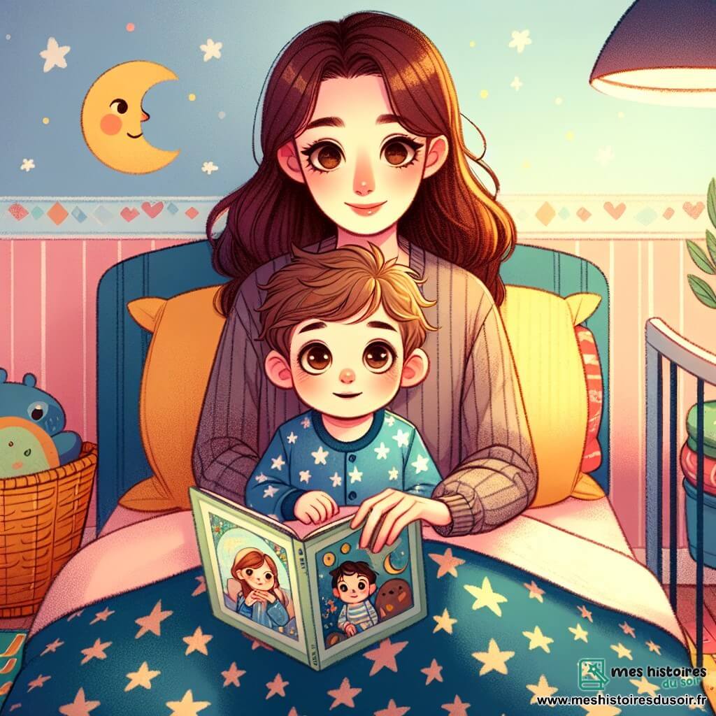 Lucas, un petit garçon d'un an aux grands yeux curieux et au sourire doux, est blotti sous une couverture colorée dans son lit. Il a des cheveux bruns en désordre et porte un pyjama bleu avec des étoiles blanches. Son visage montre une légère inquiétude mêlée de curiosité. À ses côtés, sa maman, une femme d'environ 30 ans aux cheveux longs et châtains, sourit tendrement en lisant un livre d'histoires illustré. La chambre de Lucas est chaleureuse avec des murs jaune pastel, des jouets colorés au sol et une veilleuse en forme de lune qui éclaire doucement la pièce. Lucas écoute sa maman, la lumière créant une ambiance magique et apaisante.