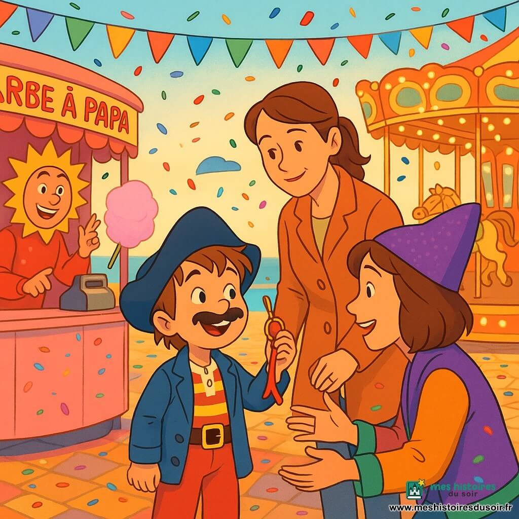 Un garçon de 8 ans, cheveux châtain clair en bataille, déguisé en petit pirate aux couleurs vives (chapeau bleu marine trop grand, fausse moustache), tient une petite clé dorée accrochée à un ruban rouge et regarde Lili avec fierté; Lili (femme 35–45 ans) sourit, soulagée, bonnet violet pailleté et veste colorée, bras tendus vers lui près du carrousel; la maman (femme 30–40 ans) tient la main du garçon, fière et tendre; à gauche, un vendeur déguisé en soleil montre la caisse du stand de barbe à papa; lieu : place de carnaval en bord de mer avec pavés colorés, confettis, guirlandes, stand rose et grand carrousel lumineux; ambiance festive, fin de matinée, lumière chaude.
