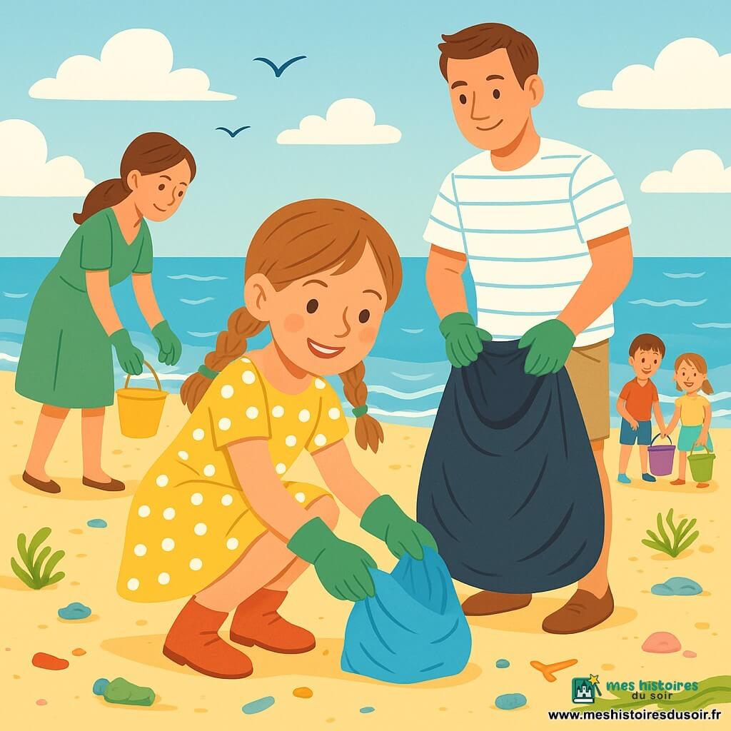 Fille de 8 ans souriante et déterminée, cheveux châtain clair en deux nattes, robe jaune à pois blancs et bottines rouges, accroupie pour ramasser un sac plastique bleu sur le sable avec des gants verts; père (~35 ans) cheveux courts bruns, t‑shirt rayé et short beige tient un grand sac poubelle ouvert à côté d'elle; mère (~34 ans) cheveux attachés, robe verte légère ramasse des déchets près du rivage à gauche; plusieurs enfants (6–10 ans) en arrière‑plan avec seaux colorés ramassent bouchons et plastique; plage large et lumineuse, sable doré, vagues bleues, quelques algues et petits rochers roses, ciel bleu avec nuages et oiseaux stylisés; scène joyeuse de nettoyage de plage aux couleurs vives, gestes de ramassage et tri, détails visibles : gants, sacs, seaux et morceaux de plastique sur le sable.