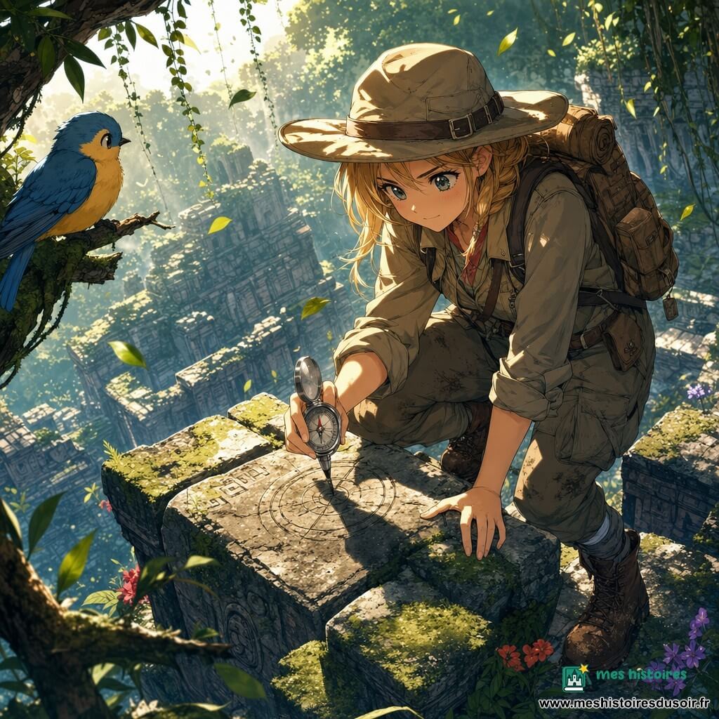 Jeune femme exploratrice au visage doux et déterminé, grands yeux brillants et sourire serein, portant un grand chapeau beige, veste kaki à poches, sac à dos en toile brun, bottes boueuses et tenant un compas argenté; elle marque un point précis au sommet d'une terrasse en pierre grise couverte de mousse et de petites fleurs rouges et violettes, marches irrégulières et lianes pendantes, gravures anciennes partiellement visibles et feuilles flottantes; un petit oiseau bleu et jaune posé sur une branche l'observe; ambiance de matin chaud aux couleurs douces mais contrastées, textures détaillées et perspective légèrement inclinée pour accentuer l'altitude.