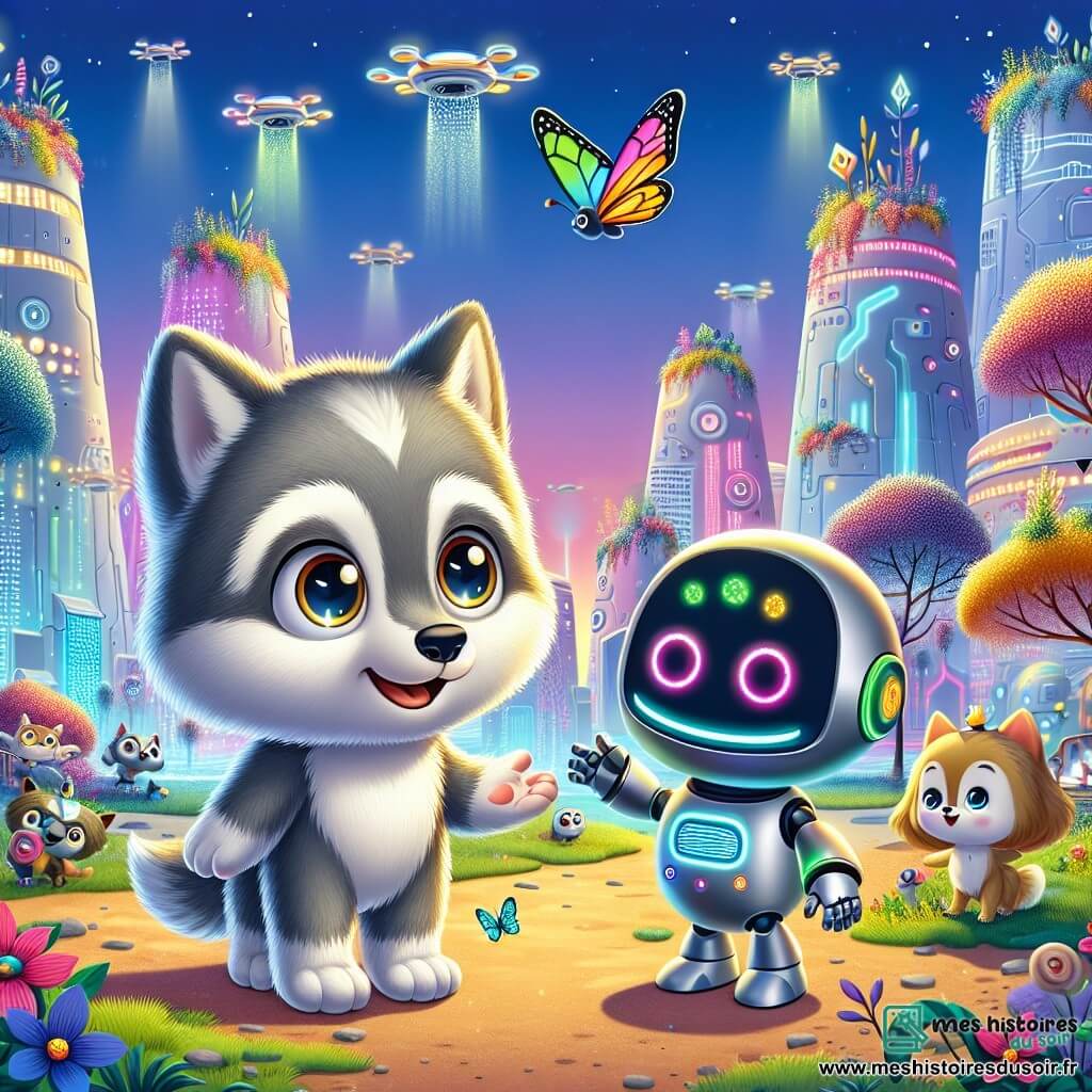 Un petit loup nommé Léo, avec un pelage gris doux et des yeux curieux, se tient au centre de la scène, émerveillé par Lumiville. Il sourit en regardant un papillon coloré près de son nez. À ses côtés, un robot nommé Zippy, en métal brillant et aux lumières clignotantes, roule joyeusement en pointant un bâtiment futuriste, ses yeux scintillant d'excitation. Le décor est une ville futuriste avec des bâtiments organiques, des plantes luminescentes et des drones dans le ciel bleu. Léo et Zippy explorent cette cité fascinante, entourés de créatures joyeuses, tandis que des spectacles de lumière se déroulent autour d'eux, créant une ambiance de découverte.