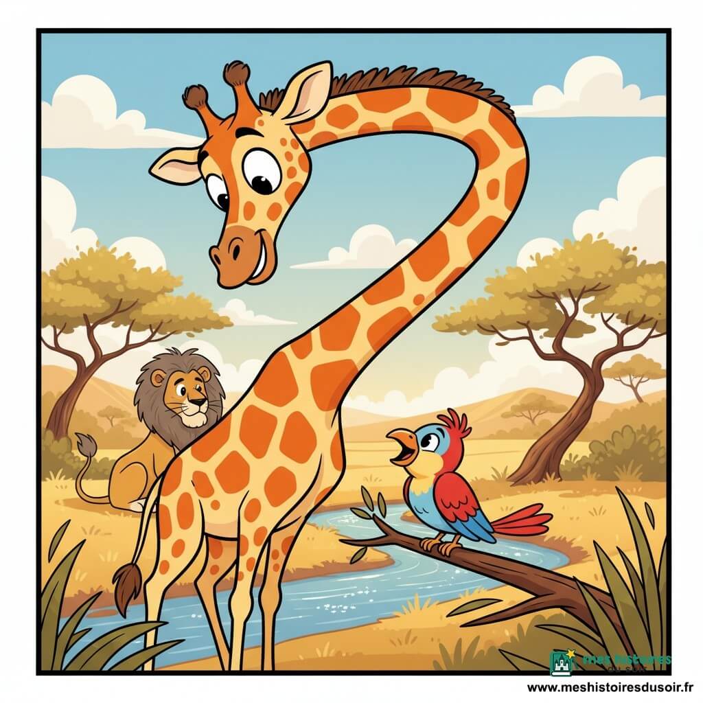 Une girafe femelle souriante et curieuse au long cou et taches orange sur pelage crème s’incline pour regarder Léon, un oiseau multicolore rouge, bleu et jaune perché sur une branche au-dessus d’un petit cours d’eau, tandis que Simba, un vieux lion sage à la crinière grise, observe à l’ombre d’un acacia dans une savane baignée de lumière matinale avec herbes dorées, acacias tordus, collines lointaines et ciel bleu cotonneux ; ambiance douce et chaleureuse, style cartoon rétro « rubber hose », composition simple pour un enfant de 4 ans.