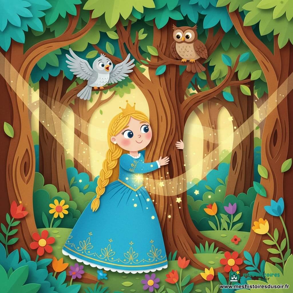 Une princesse au visage rond et souriant, cheveux blonds nattés, en robe bleue brodée d'or, serre doucement un tronc d'arbre tandis qu'une petite oiseau aux plumes argentées chante sur une branche et qu'une vieille chouette brune observe bienveillante; la Forêt des Merveilles présente des troncs larges et torsadés, feuilles vert-turquoise, fleurs simples et rayons dorés; une douce lueur étoilée jaune pâle émane de la poitrine de la princesse et enveloppe les troncs, faisant danser les feuilles, le tout dans un style papier découpé aux contours nets, textures superposées et couleurs vives, lisible par les enfants.