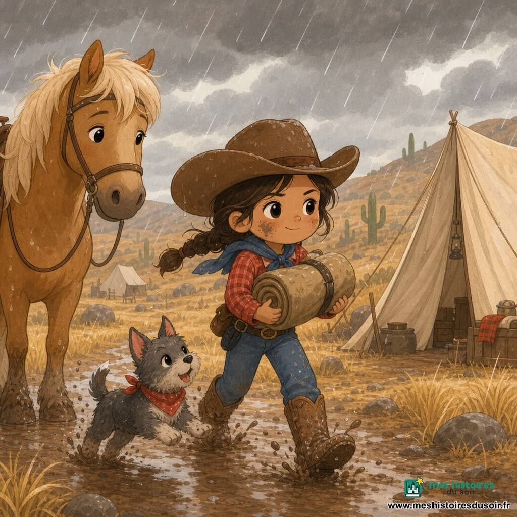 Lou, jeune cow-girl déterminée et un peu trempée au visage rond, joues poussiéreuses et grands yeux brillants, porte un large chapeau marron, une chemise rouge à carreaux, un foulard bleu et des bottes boueuses ; elle serre contre sa poitrine un lit de camp roulé et marche d’un pas vif vers une tente. À sa gauche, Biscuit, vieux cheval mâle au pelage caramel clair et à la crinière touffue, a le nez baissé et un air doux ; près de ses pieds, Tico, petit chien mâle gris tigré aux oreilles pointues, saute joyeusement. Le camp est une plaine dorée d’herbes hautes ondulant, avec quelques tentes beiges, cailloux et traces de boue, collines lointaines et cactus clairsemés en arrière-plan. Le ciel est chargé de nuages bleu-gris foncés, la pluie tombe en traits diagonaux et des éclaboussures de boue accompagnent les pas. Scène : héroïne courageuse traversant la pluie pour abriter son lit roulé, mouvement résolu et atmosphère tactile (bottes boueuses, toile mouillée). Palette douce et chaleureuse d’ocres, bruns et bleu-gris, avec touches de rouge et de bleu ; rendu kawaii minimal aux lignes simples, formes rondes et textures subtiles.