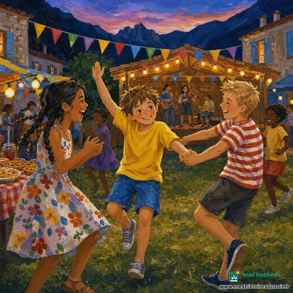 Mathis, garçon de 10 ans au visage rond et cheveux bruns en bataille, t-shirt jaune et short bleu, souriant timidement et dansant bras levés en sautillant sur l'herbe; son cousin Léo (~12 ans), cheveux blonds courts et t-shirt rayé rouge et blanc, espiègle, tient la main d'un autre enfant et tourne à droite; une amie d'environ 10 ans en robe à fleurs et tresses brunes rit et bat des mains en face de Mathis; scène : fête de village d'été au crépuscule sur une petite place avec scène en bois ornée de guirlandes lumineuses et fanions, stands, maisons en pierre aux volets bleus et montagnes en arrière-plan; ambiance musicale entraînante, enfants dansant en cercle, lumières chaudes sur les visages, mouvements rendus par coups de pinceau épais et texture acrylique.