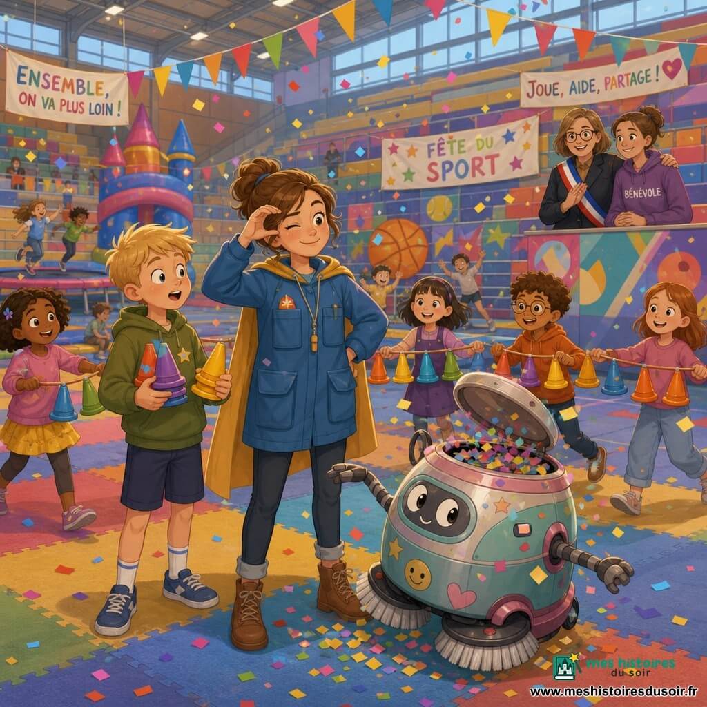 Léna, souriante et concentrée, en veste bleue à grandes poches et petite cape, fait un salut discret (clin d'œil et main en croissant) au centre d'une arène festive improvisée dans un centre sportif, entourée d'enfants formant une chaîne, dont un garçon blond d'environ 9 ans, étonné mais amusé, tenant des mini cônes devenus guirlande ; devant elle, un robot nettoyeur rond et comique en métal pastel renverse des confettis en dansant, et, sur les gradins bricolés, une femme maire d'une quarantaine d'années aux lunettes rondes applaudit doucement en posant la main sur l'épaule d'une bénévole — ambiance joyeuse, mouvement et couleurs vives.