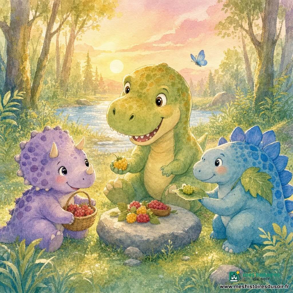Un grand Tyrannosaure Rex souriant et doux à peau vert clair tachetée de jaune, petites épaules, assis sur ses pattes arrière et tendant une baie jaune; à gauche Lili la tricératops ronde lavande à pois violets, cornes courtes, tenant un panier de baies rouges; à droite Toto le stégosaure corpulent aux plaques bleues offrant une feuille; pique-nique convivial au coucher du soleil dans une clairière mousseuse près d'une rivière scintillante autour d'une pierre grise, herbes et fougères, un papillon bleu vole et le ciel devient rose pâle; style aquarelle douce, contours délicats, couleurs pastel et textures de papier visibles.