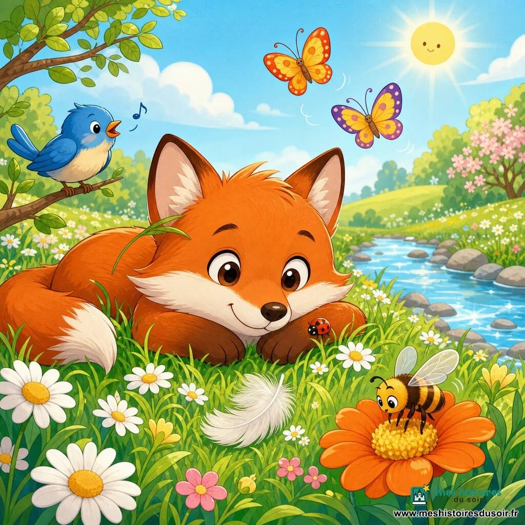 Petit renard roux au pelage doux, allongé dans l'herbe et souriant avec un brin d'herbe derrière l'oreille; une coccinelle sur sa patte; un oiseau bleu perché à gauche qui chante; une abeille butinant une grosse fleur orange; deux papillons voltigent au-dessus; herbe verte avec pâquerettes et marguerites, quelques pierres près d'un ruisseau clair reflétant le ciel; une plume blanche près de sa truffe; ambiance printanière lumineuse, couleurs chaudes et style bande dessinée tendre.