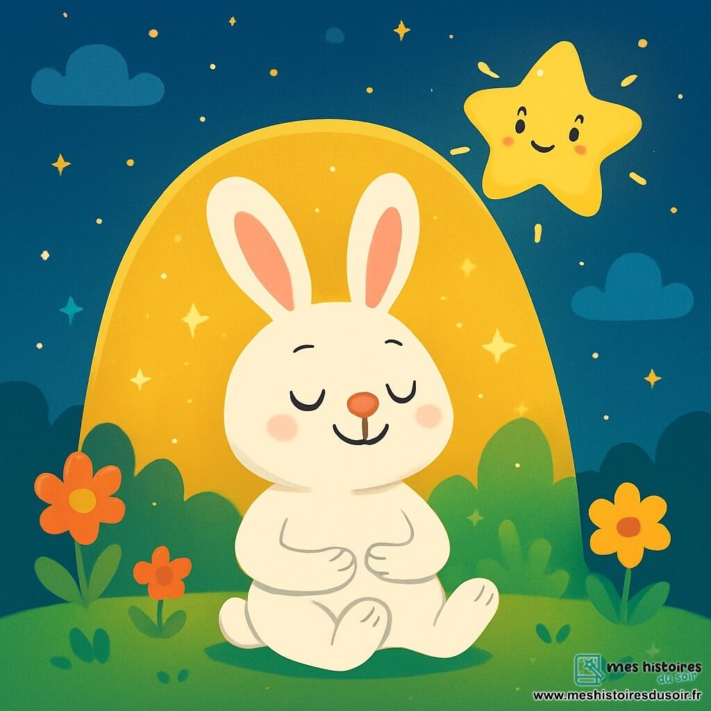 Un lapin doux et mignon nommé Léo, aux grandes oreilles et au pelage blanc, est allongé sous un dôme lumineux, souriant paisiblement avec les yeux fermés et respirant profondément. À proximité, une petite étoile souriante brille dans le ciel nocturne, illuminant la scène de sa lumière dorée et dansant doucement. Le jardin enchanteur est rempli de fleurs colorées, d’herbes vertes et d’un ciel étoilé. Léo se détend dans cette magie nocturne, prêt à plonger dans un sommeil paisible.
