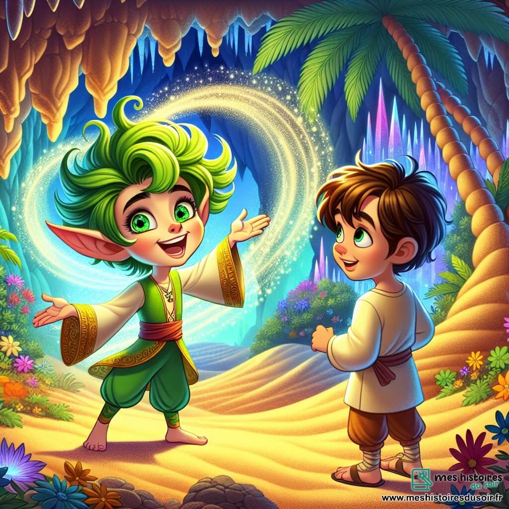 Un elfe espiègle nommé Elor, aux oreilles pointues et aux cheveux verts, sourit largement en chantant, entouré d'une lumière magique. À ses côtés, Léo, un garçon de dix ans aux cheveux bruns, observe avec émerveillement une sphère lumineuse flottante. Ils se trouvent dans une oasis cachée, entourée de palmiers et de fleurs colorées, avec une caverne illuminée par des cristaux. Ils chantent ensemble pour apaiser une tempête de sable menaçante, avec des spirales de sable dansant autour d'eux, tandis que la lumière du Cœur de l'Oasis brille intensément, créant une atmosphère magique et pleine d'espoir.