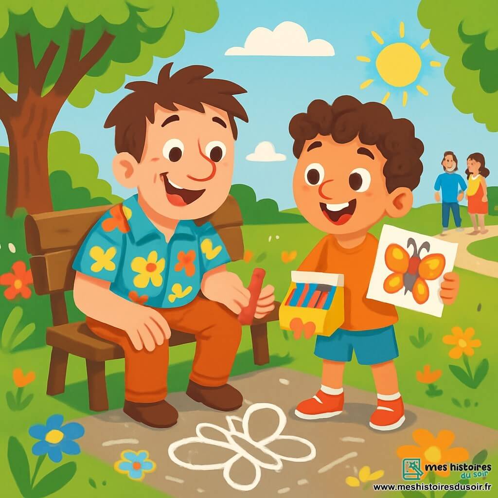 Un homme joyeux, Monsieur Léo, est assis sur un banc dans un parc ensoleillé, avec des cheveux bruns en désordre et un large sourire. Il porte une chemise colorée à motifs de fleurs et tient une craie rouge. À côté de lui, Tom, un garçon de 8 ans aux cheveux bouclés, montre avec enthousiasme un dessin de papillon. Le parc est rempli d'arbres, de fleurs colorées et de passants admirant les œuvres. Le ciel est bleu avec quelques nuages. Monsieur Léo et Tom créent ensemble des œuvres d'art géantes sur le sol, transformant le parc en galerie d'art en plein air.