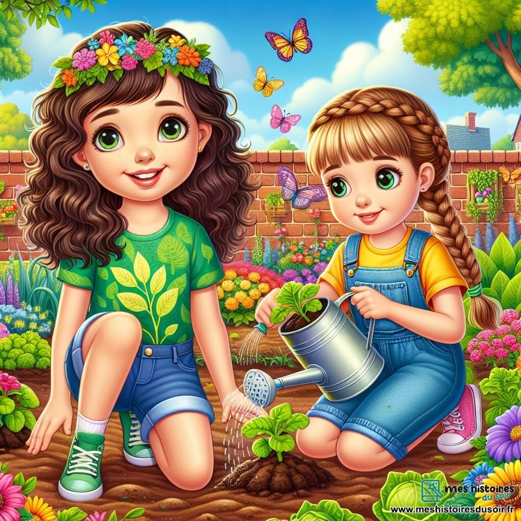 Léa, une fille de 10 ans, sourit au centre de l'image, les cheveux bruns bouclés, vêtue d'un t-shirt vert et d'un short en denim. Accroupie, elle plante des graines dans un jardin potager coloré. À côté d'elle, sa meilleure amie Clara, également âgée de 10 ans, a les cheveux blonds tressés, porte une salopette en jean et arrose les plants avec enthousiasme. Le jardin se trouve dans une cour d'école, entouré de murs en briques, de fleurs multicolores et de papillons. En arrière-plan, des arbres et un ciel bleu créent une ambiance joyeuse. Les deux filles, engagées dans leur jardinage, symbolisent leur détermination à protéger l'environnement.