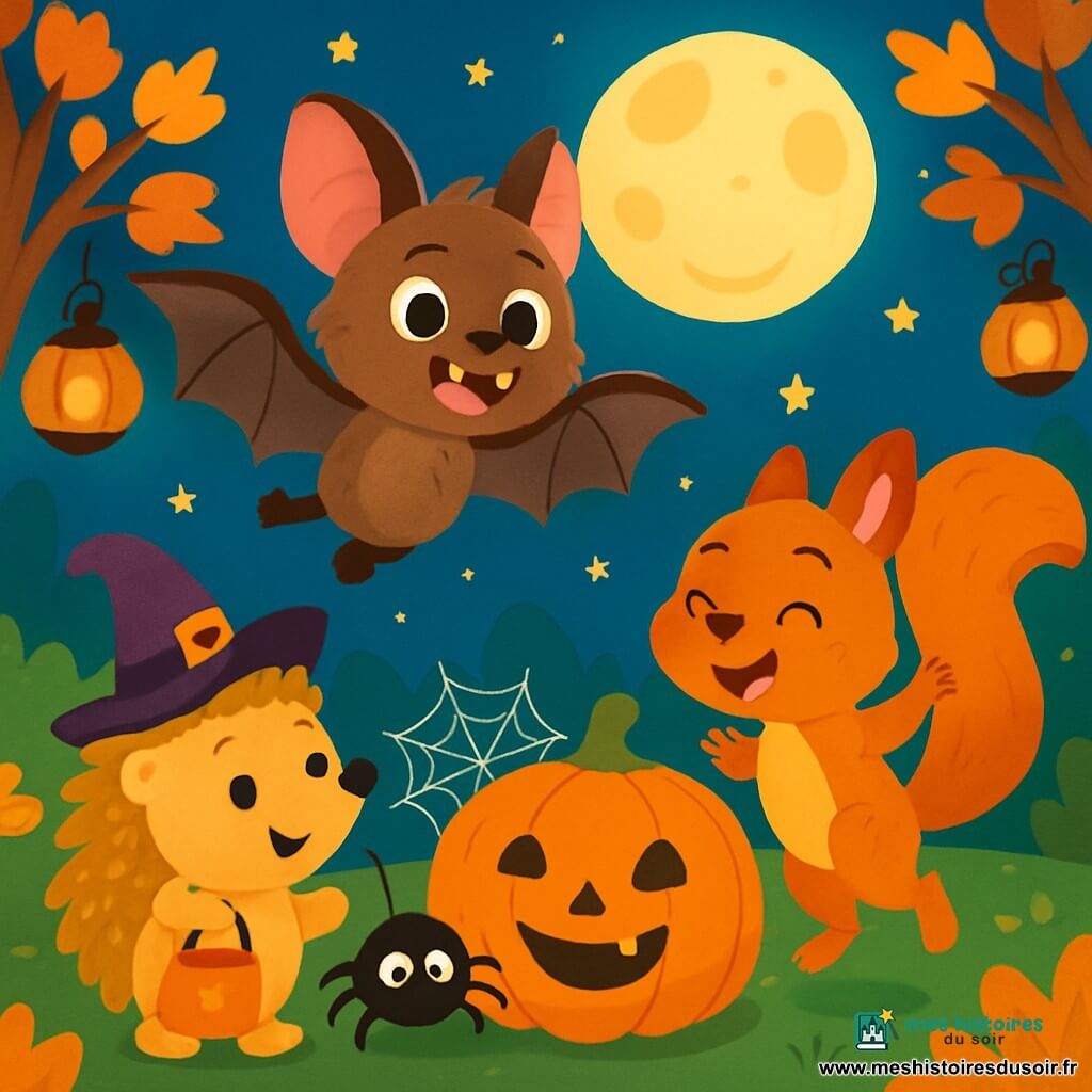 Biscotte, une petite chauve-souris au pelage brun et aux yeux pétillants, vole joyeusement sous une pleine lune, souriant largement en se dirigeant vers ses amis. Mimo le hérisson, avec ses piquants dorés et un chapeau de sorcière, admire Biscotte tout en tenant un sac à bonbons. Filou l'araignée tisse une toile près d'une citrouille souriante, tandis que Nino l'écureuil, avec sa fourrure rousse, saute de joie avec une noisette. La scène se déroule dans une forêt enchantée, décorée de feuilles orange et dorées, avec des lanternes citrouilles illuminant le chemin. Biscotte et ses amis se rassemblent autour d'une grande citrouille décorée, partageant bonbons et rires, chantant une chanson sur l'amitié et le partage dans une ambiance festive.