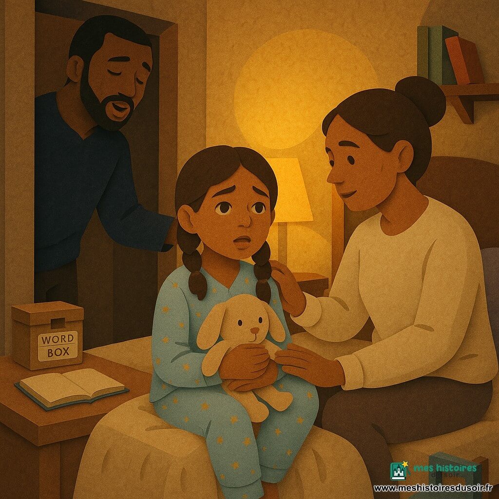 Une chambre intime et chaleureuse : une fille de 8 ans, apaisée, yeux brillants et lèvres entrouvertes, cheveux châtain en deux tresses, en pyjama à petites étoiles, assise au centre du lit en serrant un doudou beige ; à sa droite, sa mère d'environ 35 ans au visage doux, cheveux bruns en chignon, sweat crème, assise au bord du lit la main sur son épaule ; près de la porte, le père d'environ 36 ans, barbe légère et pull bleu marine, penché vers le lit en chantant doucement ; sur la table de nuit une boîte à mots décorée et un cahier ouvert avec un crayon ; lampe jaune créant un halo doré sur un mur texturé, rideaux lavande, étagère avec quelques livres et un petit banc bleu au sol ; ambiance de berceuse familiale, gestes tendres, couleurs chaudes et ombres douces.