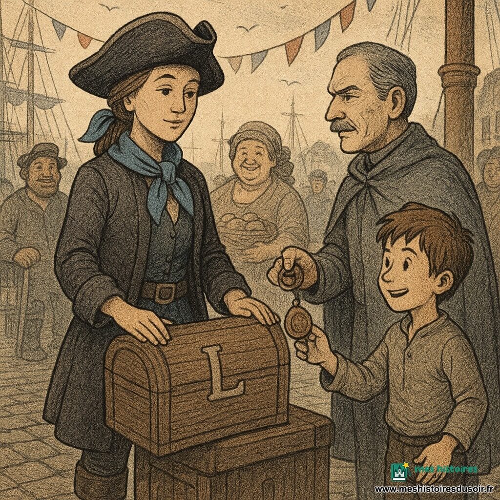 Capitaine Lila Brise-Sel, femme calme et fière, foulard bleu, chapeau de travers, bottes en cuir, main droite posée sur un coffre marqué d’un L et main gauche tenant une boussole au verre rayé ; Milo, garçon d’environ 10 ans, vif, souriant et touchant le coffre ; l’Amiral Cendré, ~50 ans, visage sévère adouci, tend une médaille en bois et la boussole ; Madame Rumba, femme joviale d’environ 40 ans, torchon et panier de biscuits, rit en arrière-plan ; Gabin, homme costaud d’environ 35 ans, appuyé sur une corde, regarde avec fierté ; le Baron Bric‑à‑Brac, petit et rond d’environ 55 ans, tient un coussin ; lieu : port de Brume‑Claire, quai en bois usé, pavés mouillés, habitants curieux, lampes à huile, banderoles, mouettes et voiles en arrière‑plan ; situation : remise d’un coffre de médicaments, moment de réparation et de reconnaissance sous une lumière dorée du soir, atmosphere chaleureuse et solennelle ; style : traits nets type gravure sur papier journal, couleurs légèrement désaturées, grain et hachures visibles, composition centrée sur Lila et le coffre.
