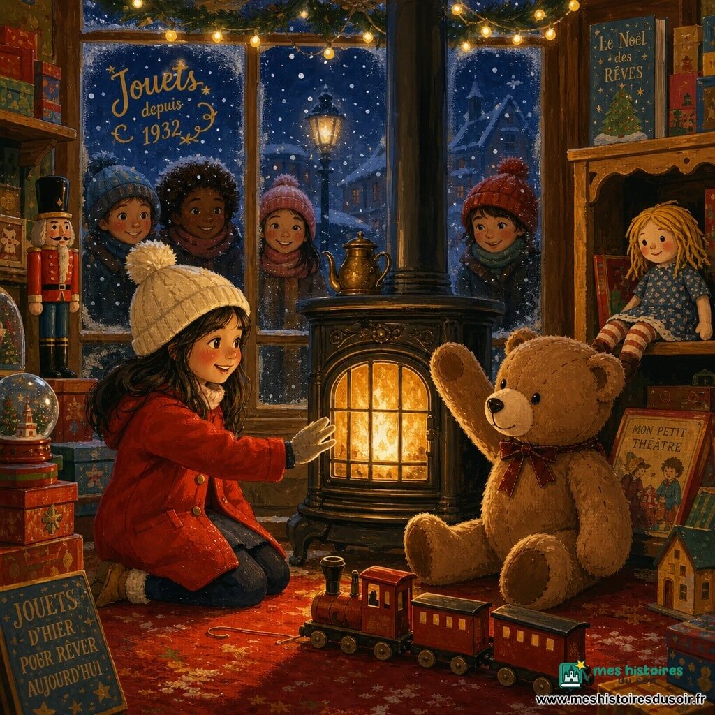 Lila, 10 ans, émerveillée et souriante, en manteau rouge et bonnet crème, tend la main vers un petit poêle en fonte qui diffuse une lumière dorée; près d'elle, un grand ours en peluche brun clair, patte levée, et un petit train en bois rouge au sol; une poupée de chiffon aux cheveux de laine jaune trône sur une étagère en bois dans la vitrine d'un ancien magasin de jouets la nuit, avec étagères patinées, guirlandes de lumière, vitrine embuée et flocons dehors, tapis rouge usé et boîtes empilées, créant une ambiance intime, magique et chaleureuse aux contrastes or/rouge/brun et bleu/ blanc de Noël.