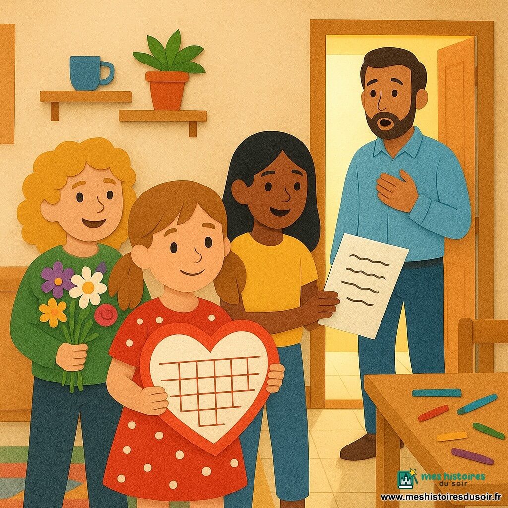 Quatre personnages dans une cuisine familiale chaleureuse : trois filles d’environ 8 ans — une châtain clair en couettes en robe rouge à pois tenant un grand calendrier en forme de cœur (centre gauche), une aux cheveux noirs lisses en t‑shirt jaune et jean tenant une carte avec un poème (à droite, un peu en retrait), une blonde bouclée en sweat vert présentant un bouquet multicolore derrière le dos d’une camarade (à l’extrême gauche) — et le papa d’environ 35 ans, barbe de trois jours, chemise bleu clair et jean, entrant surpris et ému au fond, regardant les enfants. La scène montre les filles offrant au père leur surprise pour la fête des pères (calendrier, poème manuscrit, bouquet) dans une cuisine lumineuse avec table en bois clair, feutres éparpillés, tapis coloré, étagères avec tasses et plantes, porte ouverte laissant entrer un rayon de soleil ; ambiance joyeuse et tendre, formes nettes, couleurs vives et textures papier superposées.