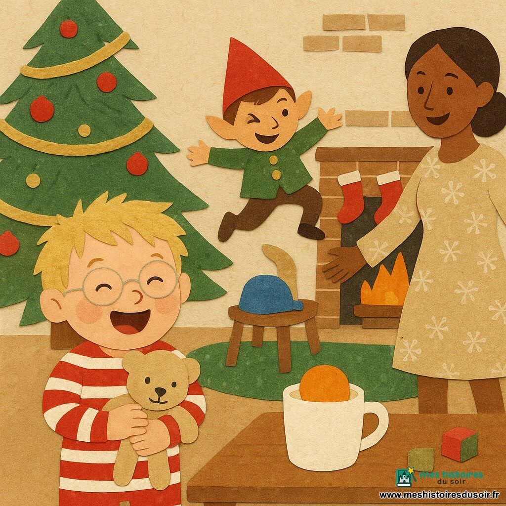 Garçon de 2 ans, blond en bataille, joues rondes, lunettes sans monture, en pyjama rayé rouge et blanc, rit en serrant son doudou beige; un petit lutin malicieux en chapeau rouge et veste verte aux boutons dorés, fait un clin d’œil et saute sur la table près d’une tasse de lait contenant une orange; la maman d’environ 30 ans, cheveux châtain attachés, en robe cosy à flocons, sourit et s’approche en ouvrant les bras; salon de Noël chaleureux avec grand sapin décoré, tapis vert, cheminée aux chaussettes pendues, chaise avec bonnet bleu et jouets éparpillés — scène drôle et tendre où le lutin a caché des objets et mis une orange dans le lait.