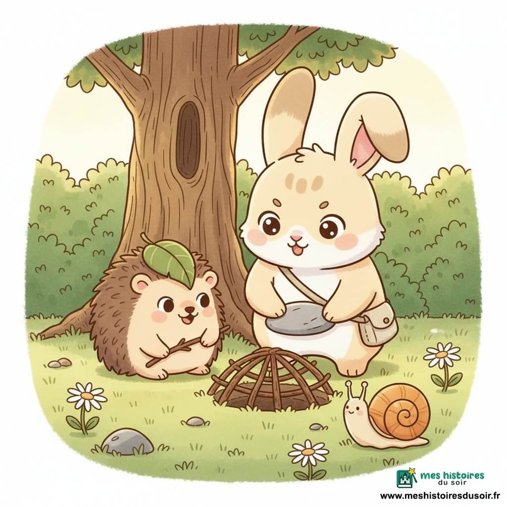 Lino, un jeune lapin dodu au pelage crème tacheté de beige et aux grandes oreilles souples, porte une sacoche en toile et, le regard concentré et fier, pose délicatement une pierre plate sur un assemblage de brindilles pour couvrir un trou ; à sa gauche Pilo, un petit hérisson rond aux piquants bruns et à la feuille-chapeau, sourit malicieusement en tissant les brindilles, tandis qu’un escargot au visage paisible et à la coquille beige et orange observe à l’avant-plan droit ; la scène se déroule au pied d’un vieux noisetier au tronc large, devant une haie de buissons verts sur un tapis d’herbe ponctué de pâquerettes, baignée d’une lumière matinale douce aux tons pastel.