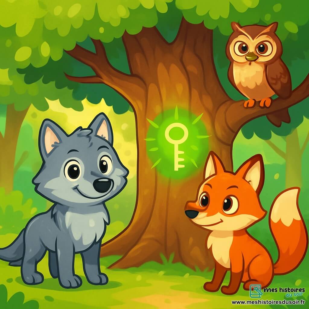 Un loup aux poils gris doux et brillants, avec de grands yeux expressifs, se tient au centre d'une clairière ensoleillée, prêt à résoudre le mystère de la clé de la lumière. À ses côtés, un renard au pelage roux éclatant observe un vieux chêne, l'air malicieux. Une chouette, perchée sur une branche, scrute la scène avec ses grands yeux ronds. La clairière, entourée d'arbres majestueux, est illuminée par des rayons de soleil. Au centre, un vieux chêne imposant porte un message mystérieux gravé sur son écorce. Le loup, le renard et la chouette sont intrigués par la lumière verte émanant du chêne, tandis qu'un vent léger fait danser les feuilles, ajoutant une touche de magie à l'atmosphère.