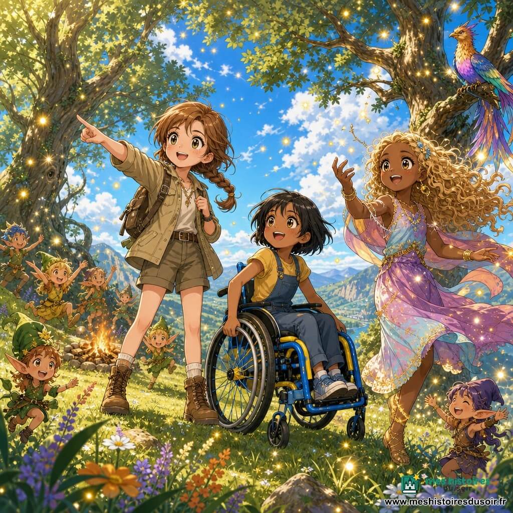 Trois amies dans une clairière au sommet d'une colline : Léa (≈10 ans, tresse châtain clair, visage rond avec taches de rousseur, tenue d'exploratrice) pointe la colline, Mila (≈10 ans, cheveux courts noirs, fauteuil roulant moderne bleu et jaune) sourit en posant une main sur une roue, Zoé (≈9 ans, cheveux blonds bouclés, robe pastel) lève les mains comme pour danser ; un oiseau aux plumes chatoyantes sur une branche, de petits lutins dansant autour d'un feu discret, herbe et fleurs sauvages, arbres anciens, étincelles dorées et lumière chaude tandis que les filles entament une danse joyeuse pour réveiller la magie de la forêt.