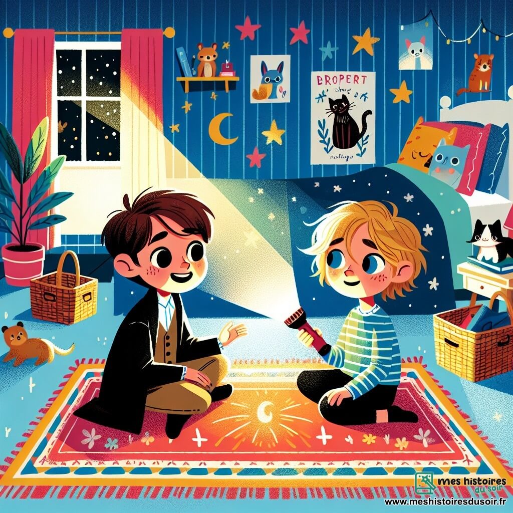 Dans une chambre chaleureuse, deux garçons, Lucas et Tom, sont assis sur un tapis coloré. Lucas, 8 ans, a les cheveux bruns et des lunettes rondes, tandis que Tom, 7 ans, a des cheveux blonds en bataille et des yeux bleus. Lucas tient une lampe de poche qui éclaire son visage, et Tom regarde la lumière avec curiosité. La chambre est décorée de posters d'animaux et d'étoiles brillantes au plafond, avec un grand lit aux draps bleus et des jouets éparpillés. La lumière crée des ombres dansantes, rendant l'atmosphère magique. Les deux amis racontent une histoire, Lucas décrivant un petit chat jouant dans les étoiles, tandis que Tom écoute attentivement, oubliant sa peur du noir.