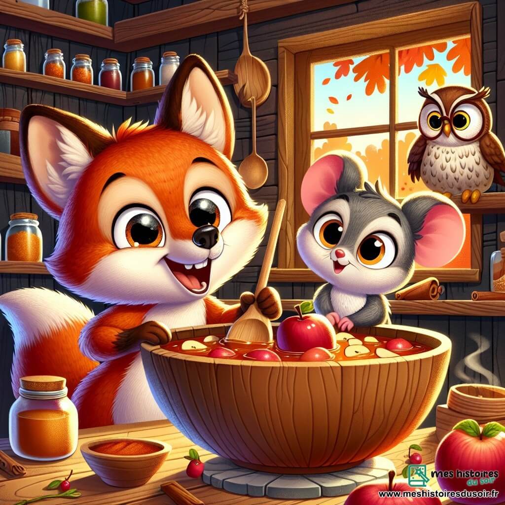 Un renard roux nommé Rouxy, avec un pelage brillant et des yeux joyeux, mélange des pommes dans un grand bol en bois, souriant. À ses côtés, une petite souris grise, curieuse et excitée, tient une cuillère en bois. Un hibou sage, avec des lunettes et des plumes brunes, est perché sur une étagère, ajoutant des épices au mélange, l'air concentré. La cuisine rustique, avec des murs en bois et des étagères pleines de pots d'épices, est baignée par la lumière dorée de l'automne, illuminant les feuilles colorées tombant à l'extérieur. Cette scène évoque l'amitié et la joie de cuisiner ensemble pour célébrer l'automne dans une atmosphère chaleureuse.