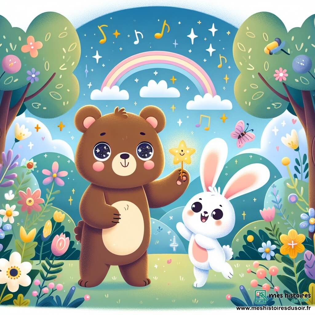 Une ourse souriante nommée Bella, avec un pelage brun et des yeux pétillants, se tient au centre, tenant une petite étoile dans ses pattes. À côté d'elle, un petit lapin nommé Loulou, avec un pelage blanc et de grandes oreilles, saute joyeusement. La scène se déroule dans un jardin enchanté, rempli de fleurs colorées et d'arbres dansants, sous un ciel bleu parsemé de nuages. Bella et Loulou jouent ensemble, riant et partageant des baies, entourés de la magie de leur amitié.
