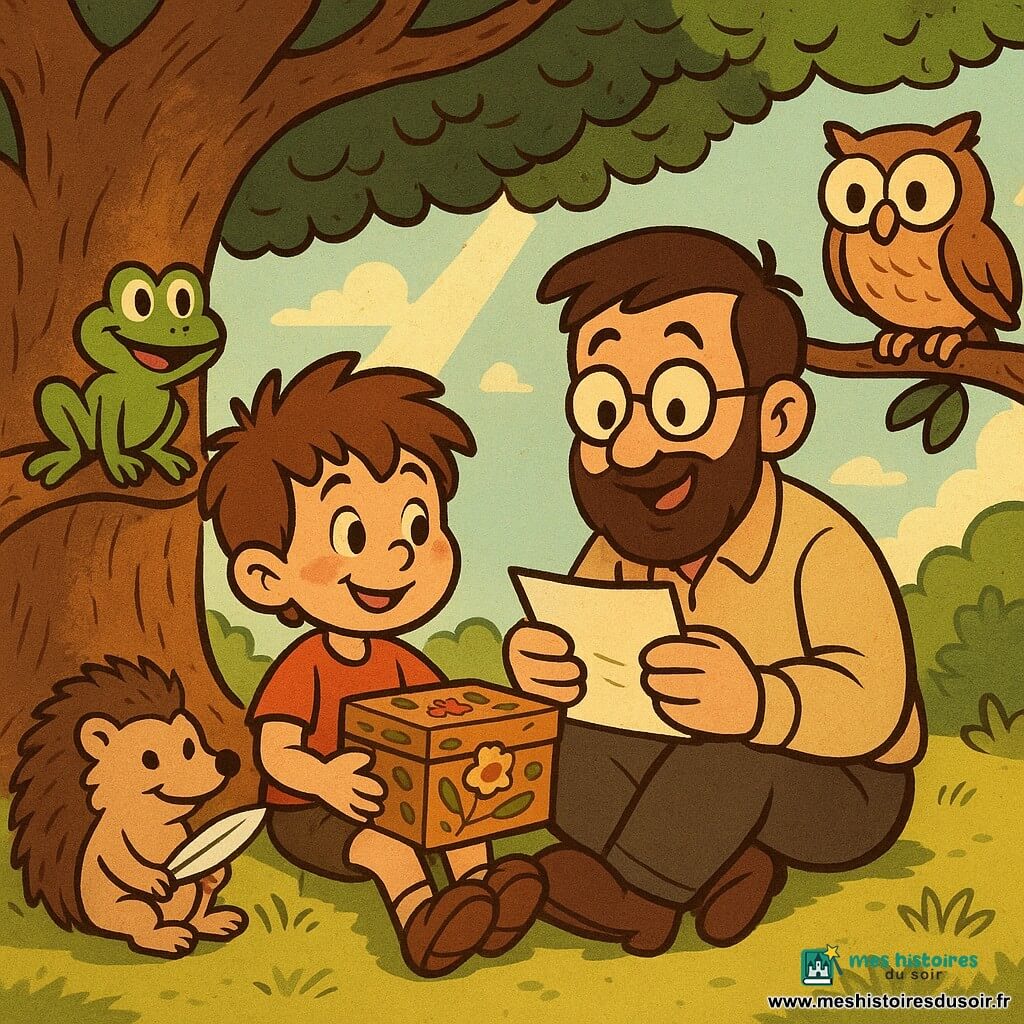 Malo, un petit garçon aux cheveux bruns ébouriffés et aux yeux pétillants, est assis sous un grand chêne avec une boîte en bois décorée. Il sourit tendrement, les joues rosées. À côté, son papa, un homme grand avec une barbe et des lunettes, lit une lettre avec émotion. Lina la grenouille les observe avec un sourire malicieux depuis une branche. Sami le hérisson, petit et piquant, est assis près de Malo avec une plume brillante. Zoé la chouette est perchée au-dessus, regardant attentivement. La scène se passe dans une clairière ensoleillée, où les rayons du soleil créent des taches de lumière dorée. Ce moment montre le partage et la complicité entre Malo et son papa, entourés de leurs amis animaux, dans un cadre naturel et chaleureux.