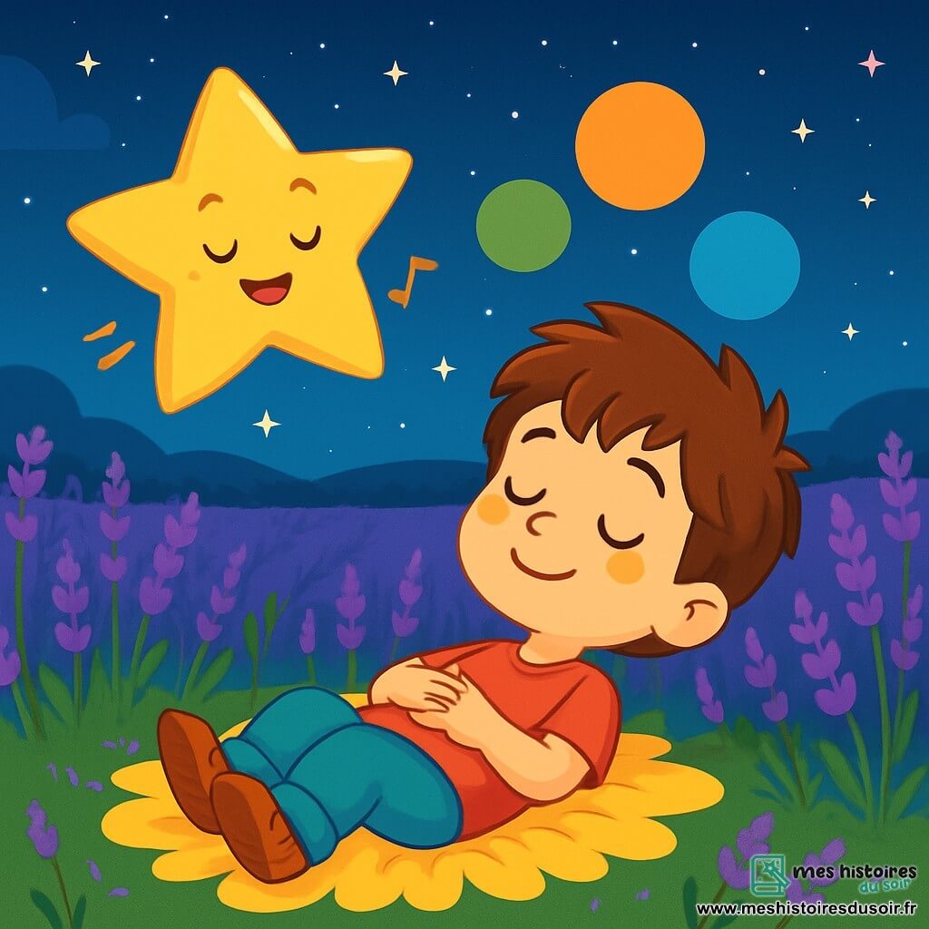 Un petit garçon de 6 ans, Milo, avec des cheveux bruns en bataille et des yeux curieux, est allongé sur un tapis de pétales lumineux, souriant paisiblement. À proximité, une étoile amicale flotte, chantant une douce mélodie pour apaiser Milo. Le décor est un champ de lavande sous un ciel nocturne étoilé. Milo se laisse emporter par la magie de la nuit, entouré de bulles de pensées colorées, créant une atmosphère de rêve et de sérénité.
