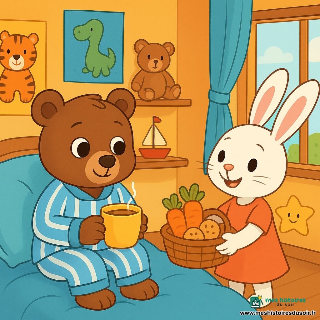 Un petit ours brun nommé Oscar, avec de grands yeux ronds et un pelage doux, est assis sur son lit moelleux, l'air fatigué mais souriant. Il porte un pyjama rayé bleu et blanc, tenant une tasse de tisane au miel. À côté de lui, une lapine blanche nommée Léa, avec de grandes oreilles et un sourire chaleureux, lui tend un panier rempli de carottes et de biscuits. La chambre d'Oscar est décorée de posters d'animaux et de jouets en peluche, avec une grande fenêtre laissant entrer la lumière du soleil. Oscar et Léa partagent un moment de tendresse et de réconfort dans une atmosphère chaleureuse.