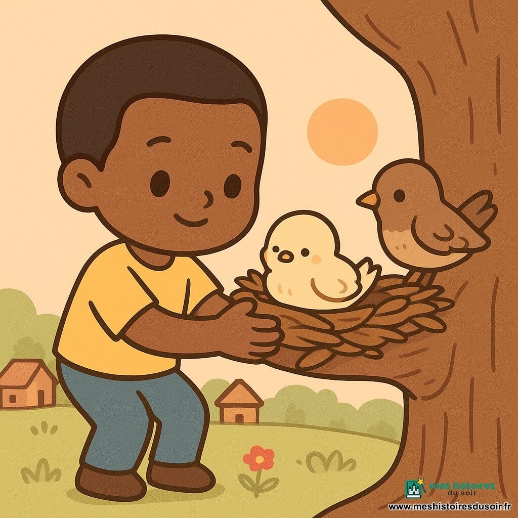 Un jeune homme, Kofi, au sourire doux et à l’air bienveillant, cheveux noirs courts et peau bronzée, grimpe sur une branche et tend les mains pour poser un oisillon duveteux crème et jaune, yeux fermés, dans un nid de branchages posé sur un grand arbre à portée de bras; une mère oiseau brun tacheté, ailes entrouvertes et regard reconnaissant, veille au-dessus; autour, une clairière de village avec quelques cases en terre cuite au toit de paille, herbe verte et quelques fleurs rouges; ciel matinal orange pâle avec un soleil doux à l’horizon; composition simple aux couleurs chaudes et contrastées, formes arrondies, contours épais, ambiance calme et rassurante.