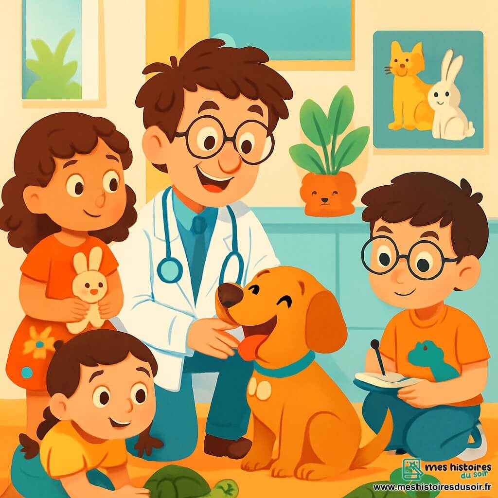 Un vétérinaire, le Dr. Léo, souriant et enthousiaste, avec des cheveux bruns en désordre et des lunettes rondes, porte une blouse blanche et un stéthoscope. Il est accroupi, caressant un chien joyeux, Pompon. À côté de lui, Zoé, une fille de 10 ans avec des cheveux bouclés, observe avec émerveillement, tenant un petit lapin en peluche. Maxime, un garçon de 9 ans avec des lunettes, prend des notes sur un carnet, tandis que Jade, une fille de 8 ans avec des tresses, joue avec sa tortue Lulu. La scène se déroule dans un cabinet vétérinaire lumineux, rempli d'affiches éducatives et de jouets en peluche. Le Dr. Léo explique avec passion comment prendre soin des animaux, captivant l'attention des enfants.