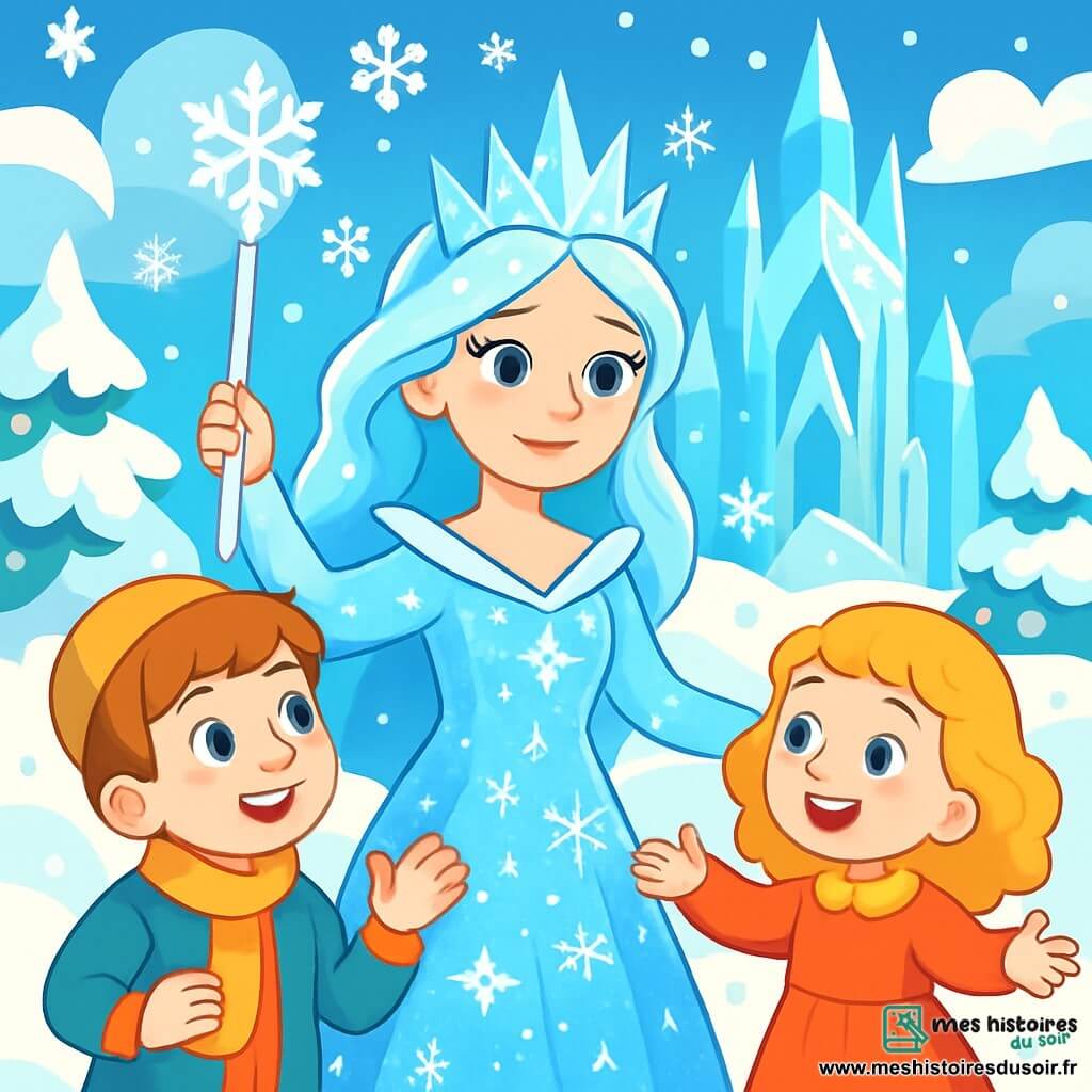 La Reine des Neiges, d'une beauté éthérée, porte une robe scintillante de cristaux de glace. Son visage doux et mélancolique, avec des yeux d'un bleu profond, est illuminé par la lumière. Elle se tient au centre, levant son sceptre magique, entourée de flocons de neige. À ses côtés, Kay, un garçon de 10 ans aux cheveux châtains, sourit avec enthousiasme dans un manteau coloré. Gerda, une fillette de 8 ans aux boucles dorées, se tient en retrait, les bras ouverts dans une robe en laine rouge. Le décor est un royaume hivernal enchanteur avec des arbres enneigés et un majestueux palais de glace. La scène montre la Reine, Kay et Gerda discutant joyeusement, réfléchissant à comment rendre leur royaume heureux, illustrant l'esprit d'amitié et de collaboration.