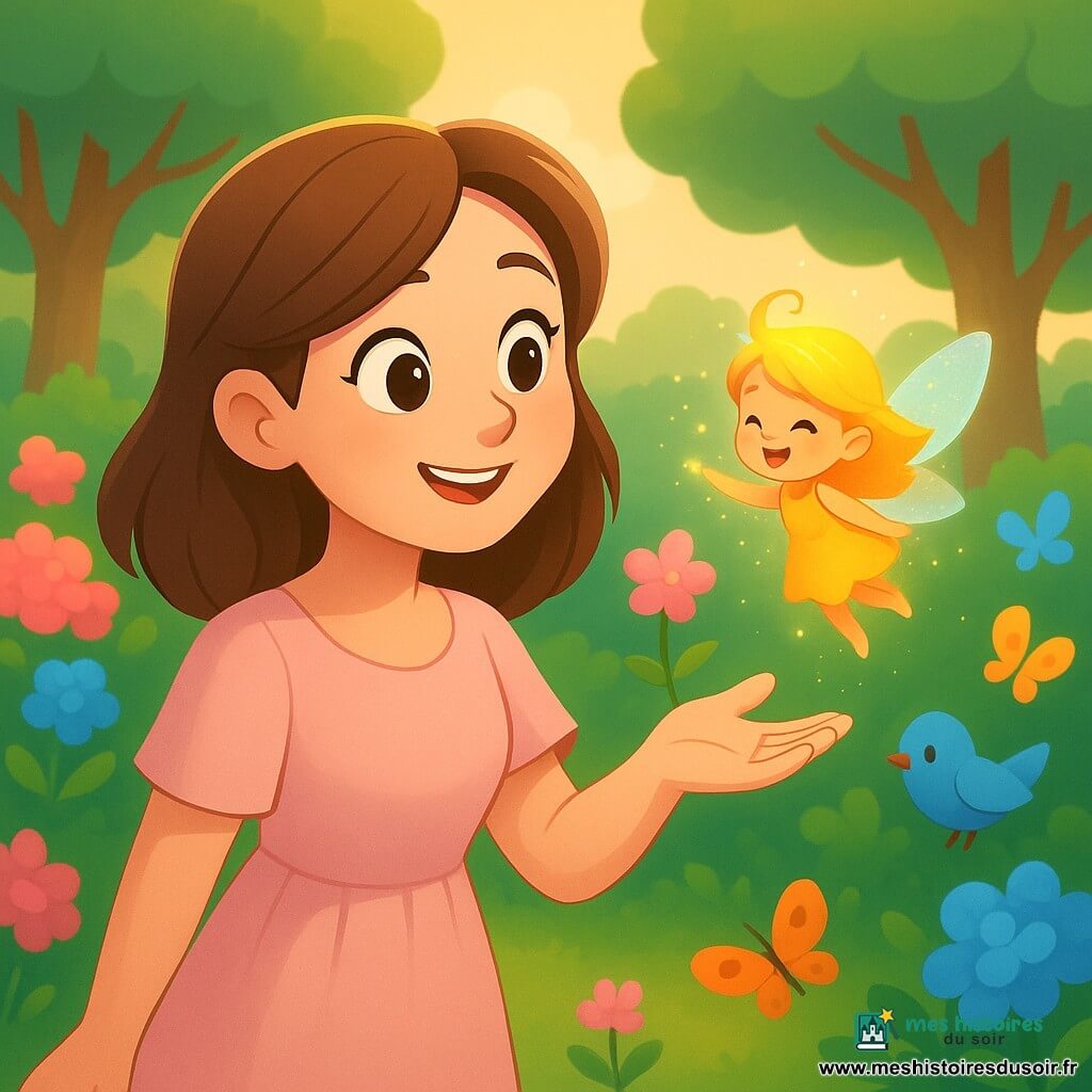 Jeune femme d'environ 25–30 ans, souriante et émerveillée, cheveux châtains mi-longs, robe rose pâle, paume ouverte montrant une petite fleur; à ses côtés une petite fée dorée de la taille d'un oiseau aux ailes translucides scintillantes, riant et semant des étincelles; oiseaux et papillons colorés voltigent en arrière-plan dans un jardin au bord d'un bois aux buissons roses et bleus, herbe verte et lumière chaude de fin de matinée; la femme marche lentement tandis que des fleurs poussent magiquement derrière elle, ambiance douce et enchantée.