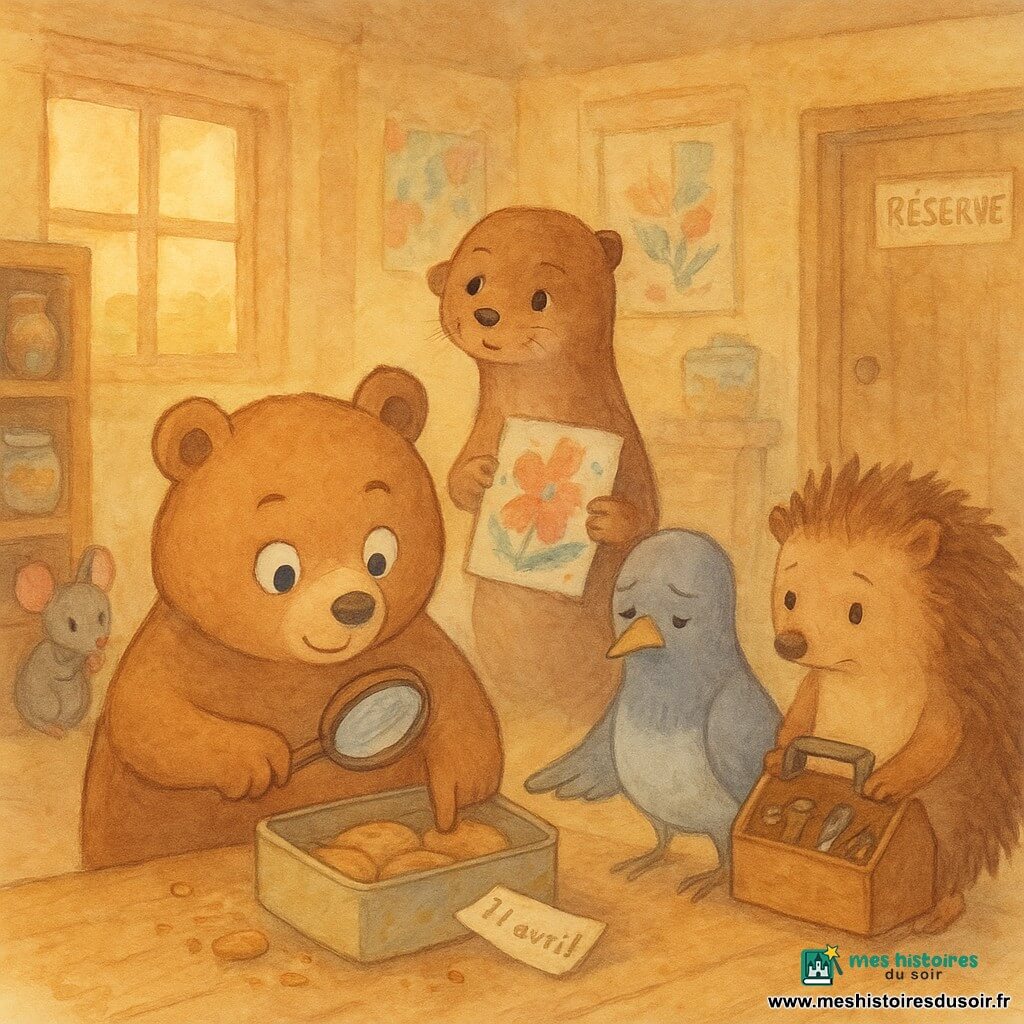 Marcel, un petit ours rond brun clair, tient une loupe en bois et pointe vers un paquet de biscuits ouvert posé sur une caisse, les yeux brillants et sourire concentré; Pipo, pigeon gris au ventre blanc, paraît honteux mais soulagé, accroupi près du paquet et tendant une aile en excuse; Lila, loutre au pelage chocolat, debout derrière Marcel avec des pinceaux et une affiche peinte, les mains tachées de peinture; Hugo, petit hérisson roussé, tient une boîte à outils ouverte à droite, prêt à réparer la boîte à biscuits; Mimi, souris grise timide, se cache partiellement derrière une étagère en montrant des miettes au sol; scène au Hub des Amitiés, intérieur chaleureux en bois clair avec étagères de bocaux, grande table de bricolage et affiches colorées, porte "Réserve" au fond et lumière dorée du soir; situation : séance de réparation en fin de journée après la découverte d'un paquet de biscuits caché dans la réserve avec des miettes visibles et un ticket froissé marqué "11 avril", ambiance pastel, traits doux et textures aquarelle.