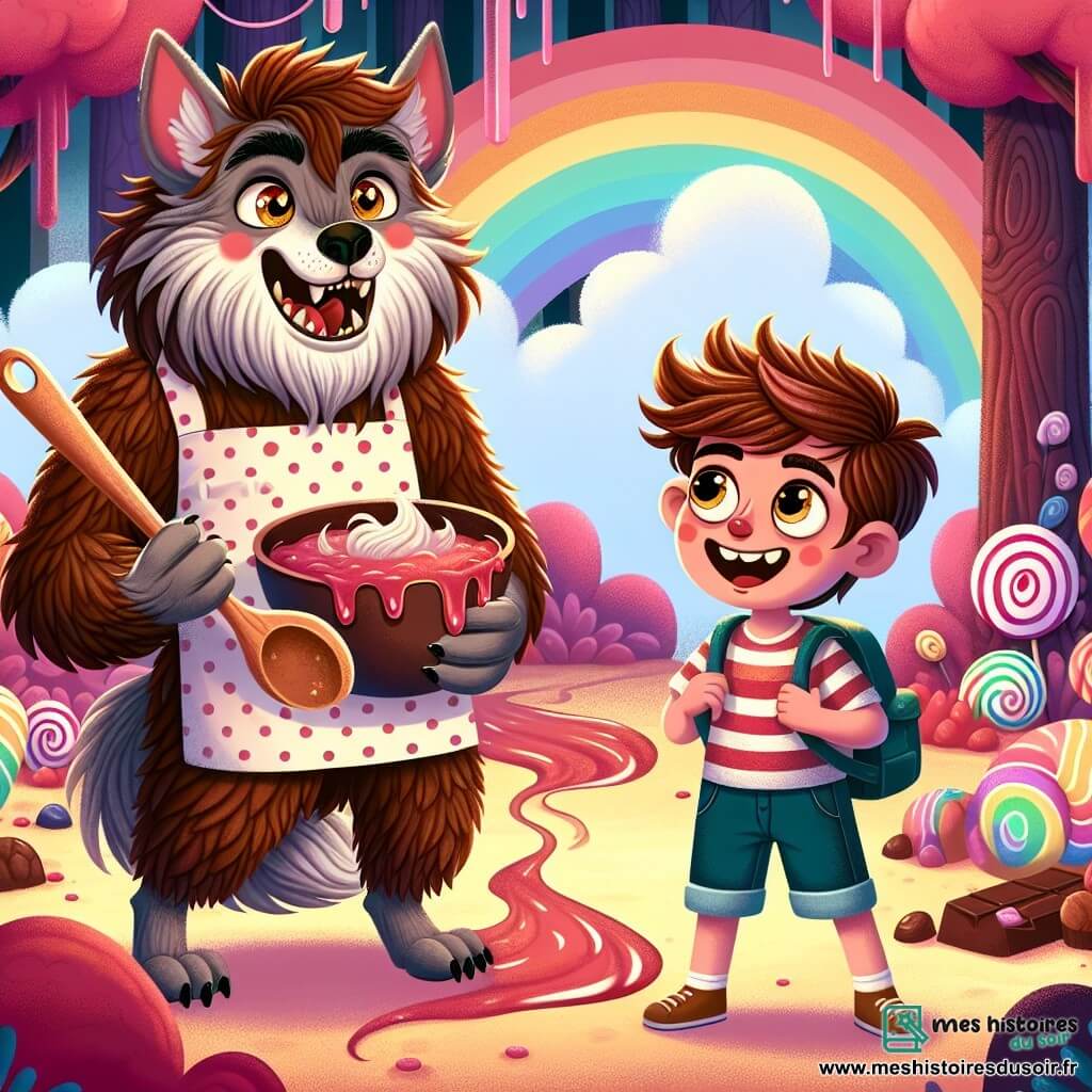 Un loup-garou pâtissier nommé Gaspard se tient joyeusement au centre de la scène, avec un pelage brun, des yeux malicieux et un tablier à pois colorés. Il tient une grande cuillère en bois, prêt à mélanger une pâte sucrée. À ses côtés, Léo, un garçon de 8 ans aux cheveux ébouriffés et aux yeux brillants, l'admire tout en tenant un sac à dos rempli de bonbons. La scène se déroule dans la Forêt des Bonbons Acidulés, avec des arbres en barbe à papa rose et des rivières de chocolat, créant une ambiance magique. Gaspard et Léo rient ensemble, partageant des recettes de gâteaux avant de partir à l'aventure à la recherche de la Dragée Arc-en-ciel, entourés de friandises colorées.
