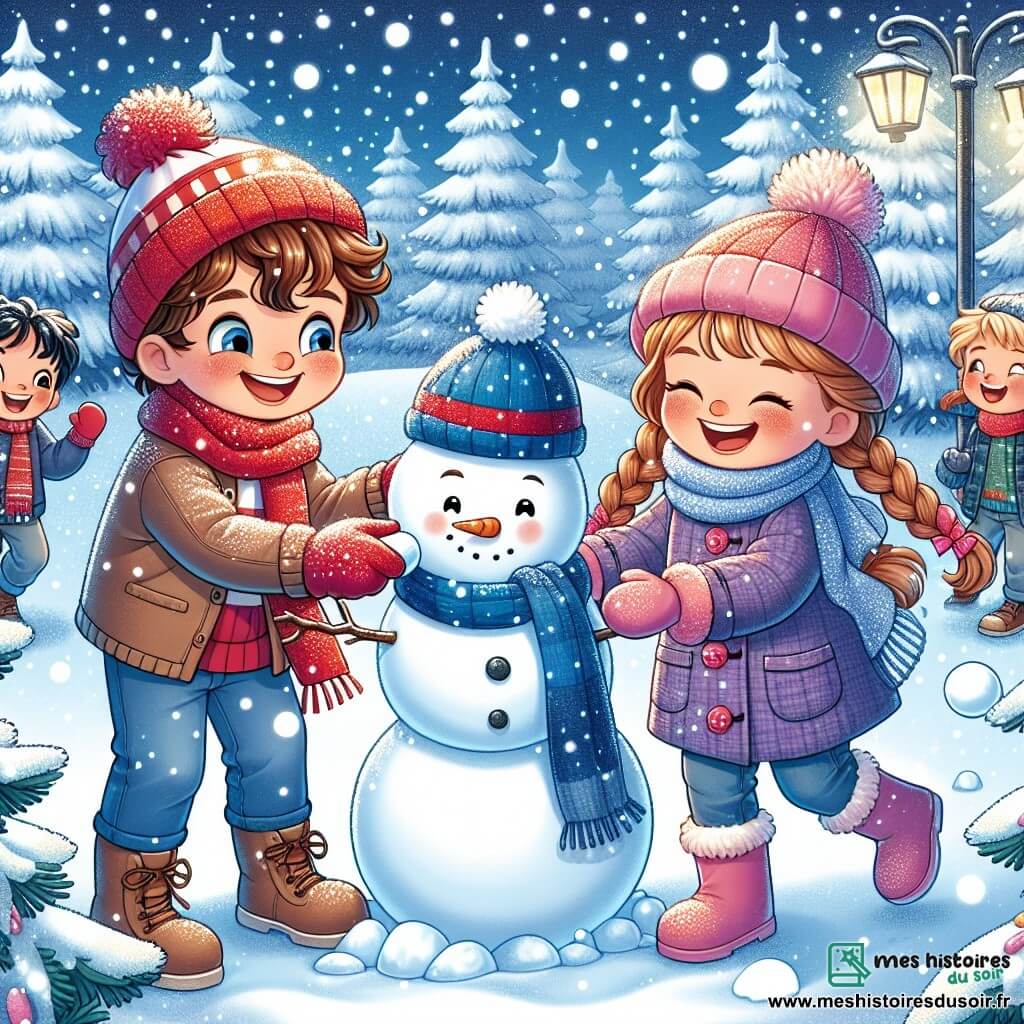 Un garçon de 7 ans, Lucas, aux cheveux bruns et bouclés, porte un bonnet rouge et une écharpe bleue. Il sourit, les yeux pétillants d'excitation, en construisant un bonhomme de neige dans la cour de l'école. À ses côtés, Clara, une fille de 7 ans avec de longs cheveux blonds tressés, rit en lançant une boule de neige vers lui. Elle est vêtue d'un manteau violet et de gants roses. Samir, un garçon aux cheveux noirs et courts, se tient un peu en arrière, riant avec une boule de neige à la main. La cour, enneigée et entourée de sapins, est décorée de lumières colorées. Les trois enfants s'amusent ensemble dans un paysage hivernal magique.