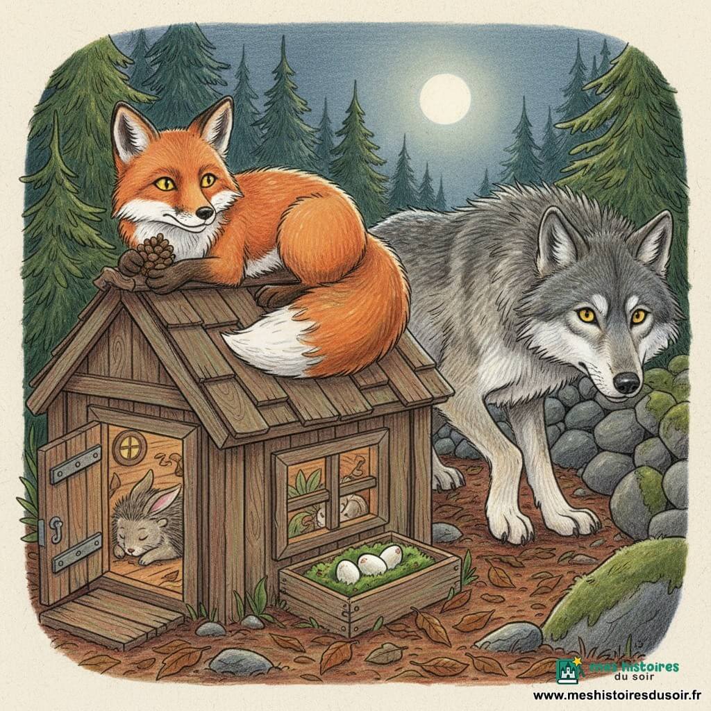 Un renard roux, vigilant et serein, pelage lumineux orangé et blanc, yeux jaunes brillants, allongé sur le toit en bardeaux d’une petite maison en bois en tenant une pomme de pin; un grand loup gris, massif et hésitant, emerge d’un tunnel de pierres à l’arrière, reniflant le sol et reculant légèrement; vu par une petite fenêtre basse, une boîte de mousse sur une table basse contient trois œufs blancs entourés de feuilles vertes; à l’intérieur, visibles par la porte entrouverte à gauche de la boîte, un hérisson roulé en boule et un petit lapin aux oreilles tombantes, endormis; la scène se déroule dans une clairière nocturne à la douce lueur d’une lune ronde, sapins sombres, pierres moussues, feuilles sèches brun-rouge au sol et petite porte en bois rouillé; situation principale : le renard protège doucement la « Maison des Fragiles » en empêchant le loup d’entrer, tension douce et rassurante, contrastes de couleurs chaudes (renard, bois, pommes de pin) contre tons froids (loup, nuit, sapins), traits au crayon visibles et textures détaillées de bois et de fourrure.