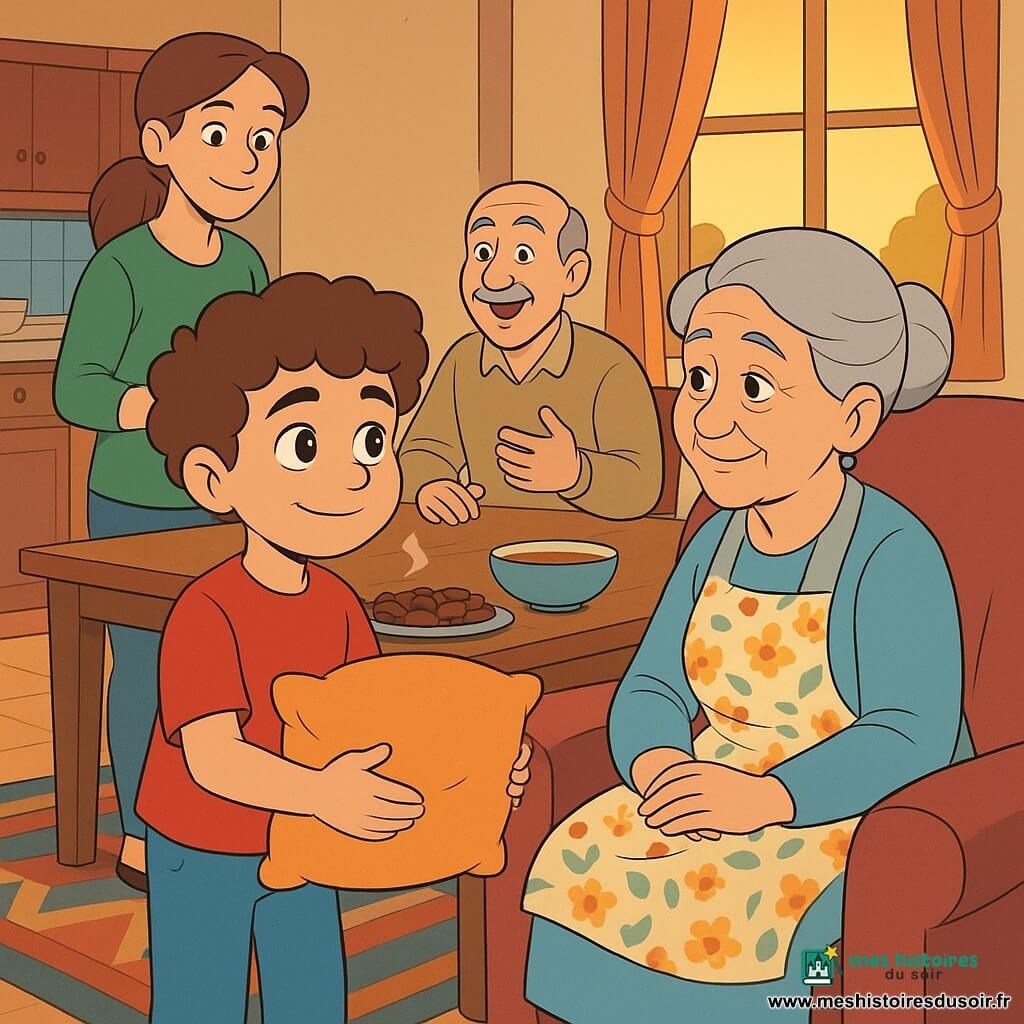 Garçon de 8 ans aux cheveux bruns bouclés et yeux noisette, sourire doux, tenant un coussin qu'il apporte à sa grand-mère; grand-mère d'environ 70 ans, cheveux gris en chignon, rides douces, tablier fleuri, assise et émue; mère d'environ 35 ans, cheveux longs attachés, tenant une tasse fumante, observant avec tendresse; grand-père d'environ 68 ans, petite moustache grise, assis en arrière-plan, racontant une histoire; salon-cuisine chaleureux aux murs crème, tapis géométrique, coussins brodés, table en bois avec dattes et un bol de soupe, lumière dorée du soir; scène d'iftar familiale centrée sur le garçon et la grand-mère, ambiance douce et conviviale, textures visibles (bois, tissu, légère fumée), style dessin animé années 90, lignes nettes et palette pastel saturée.