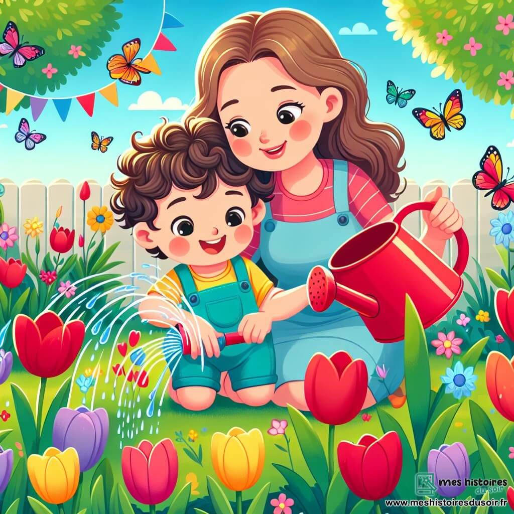 Léo, un petit garçon de 2 ans aux cheveux bouclés et aux yeux pétillants, sourit en tenant un arrosoir coloré. Il est accroupi dans un jardin fleuri, arrosant des tulipes éclatantes, vêtu d'une salopette bleue et d'un t-shirt jaune. Sa maman, une femme d'environ 30 ans aux longs cheveux bruns, l'observe avec tendresse, les bras croisés, tout en lui montrant comment arroser les fleurs. Le jardin est rempli de tulipes rouges, jaunes et violettes sous le soleil printanier, avec des papillons multicolores volant autour. Léo, émerveillé, arrose les fleurs, enivré par la beauté du jardin et son parfum.