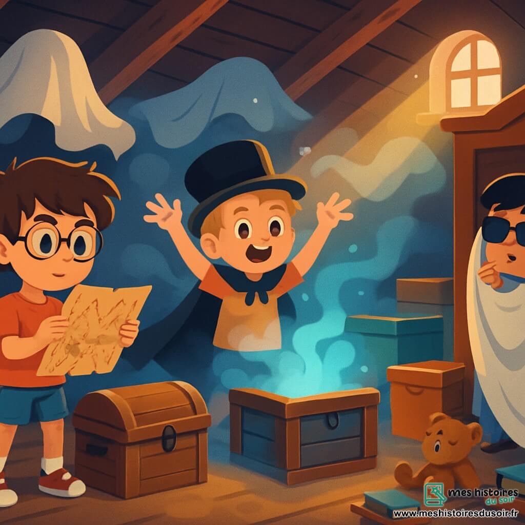 Il y a trois personnages : Léo, un garçon de 8 ans avec des cheveux bruns en bataille et des lunettes rondes, portant un t-shirt rouge et un short bleu, tenant une vieille carte au trésor près d'une malle en bois ; Tim, un garçon de 7 ans avec des cheveux blonds et des taches de rousseur, portant un chapeau melon noir et une cape, faisant un geste de magie devant une caisse mystérieuse ; et Sami, un garçon de 8 ans avec des cheveux noirs et des lunettes de soleil, caché derrière une vieille armoire dans un rideau blanc, l'air curieux et inquiet. L'histoire se déroule dans un grenier poussiéreux rempli de vieilles malles, de caisses colorées et de draps flottants. La lumière filtre à travers une petite fenêtre, créant des ombres mystérieuses. Les trois amis cherchent la clé d’or perdue dans le royaume des Brumeux, entourés de brume légère, tandis qu'une caisse mystérieuse émet un bruit étrange.