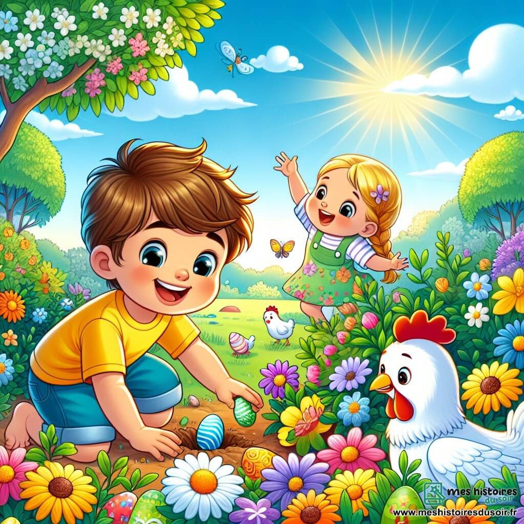 Léon, un petit garçon de 2 ans aux cheveux bruns en bataille et au grand sourire, est accroupi dans un jardin ensoleillé à la recherche d'œufs en chocolat cachés parmi les fleurs. Il porte un t-shirt jaune vif et un short bleu, ses yeux brillent d'excitation. À proximité, Clara, 3 ans, avec des cheveux blonds tressés et une robe rose, lève les bras en découvrant un œuf rouge dans l'herbe. Max, 4 ans, avec des cheveux châtains et un t-shirt vert, ramasse un œuf bleu en riant. Le jardin, rempli de fleurs multicolores et de grands arbres, est animé par des poules blanches picorant le sol. Léon et ses amis s'amusent à chasser les œufs de Pâques.
