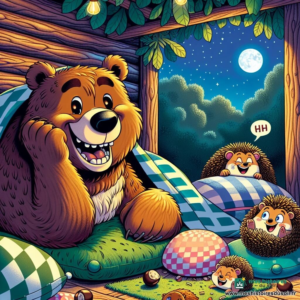 Un grand ours brun, Barnabé, est allongé sur un lit de mousse verte, souriant avec des yeux pétillants. Il est entouré de coussins colorés, dont l'un fait un bruit de « coin-coin ». À ses côtés, un hérisson doré, Marcel, se roule en boule, riant joyeusement. Un peu plus loin, une belette, Simone, chatouille une couverture à carreaux, rayonnante de bonheur. La scène se déroule dans une tanière chaleureuse, éclairée par la lune, avec des murs en bois et des feuilles au sol, créant une ambiance cocooning. Barnabé et ses amis rient ensemble, prêts à s’endormir après une bataille de ronflements, dans une atmosphère de joie et de complicité.
