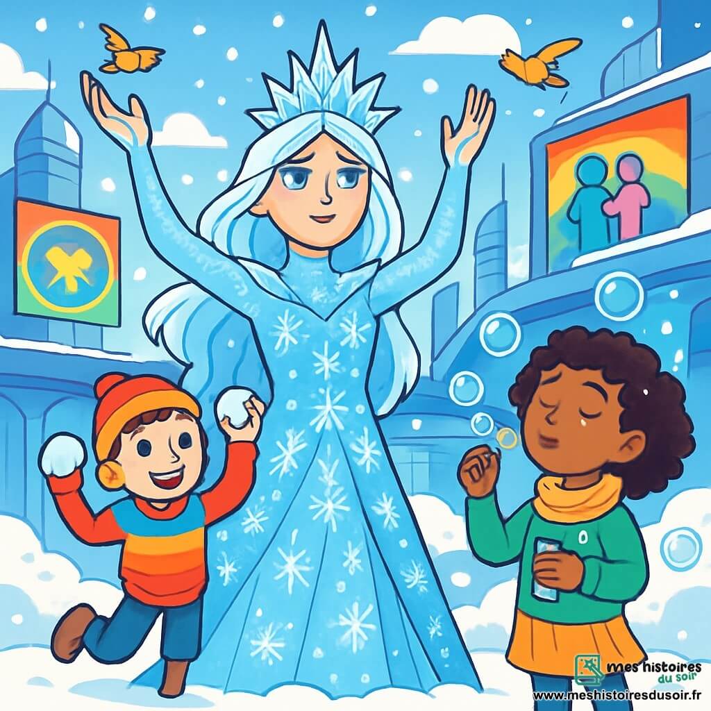 La Reine des neiges, une femme majestueuse d'une beauté éthérée, porte une robe scintillante de flocons de neige et de cristaux de glace. Son visage doux mais déterminé, avec des yeux d'un bleu profond, reflète tristesse et espoir. Elle se tient au centre, levant les bras vers le ciel pour appeler la magie de l'hiver. À ses côtés, un garçon de 10 ans avec une jambe de bois sourit joyeusement, prêt à lancer une boule de neige. Un peu plus loin, une fillette de 8 ans, à la peau dorée et aux cheveux bouclés, souffle des bulles de savon. Le décor futuriste présente des tours de verre et de métal, avec de la neige tombant sur des passerelles lumineuses. Des panneaux colorés affichent des messages de tolérance, tandis que des créatures mécaniques volent dans le ciel. La scène illustre un moment de célébration et d'unité, où la Reine des neiges et ses amis sont prêts à changer le monde, illuminés par la magie de l'amitié et de la diversité.