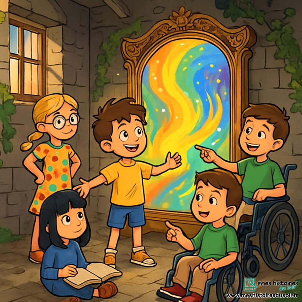 Quatre enfants se tiennent devant un miroir magique dans une vieille maison abandonnée. Lucas, 10 ans, a des cheveux bruns en bataille et porte un t-shirt jaune. Emma, 9 ans, a des cheveux blonds tressés et des lunettes rondes, vêtue d'une robe à fleurs. Tom, 10 ans, en fauteuil roulant, porte un t-shirt vert et un pantalon beige. Sophie, 10 ans, a des cheveux noirs et un pull bleu, assise avec un livre sur les genoux. Le miroir ancien reflète des couleurs vives qui symbolisent leurs émotions : jaune pour la joie de Lucas, bleu pour la réflexion de Sophie, vert pour la curiosité d'Emma, et doré pour le courage de Tom.