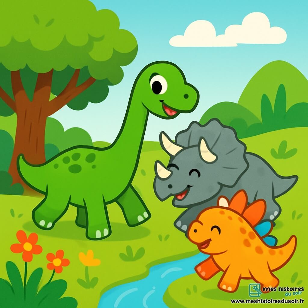 Un petit Diplodocus vert marche joyeusement dans une prairie, suivi par un Tricératops robuste et un Stégosaure aux plaques colorées. Ils sont près d'un grand arbre, entourés de fleurs et d'une petite rivière. Ils explorent ensemble, chantant et cherchant un nouvel endroit pour vivre, remplis de joie et d'amitié.