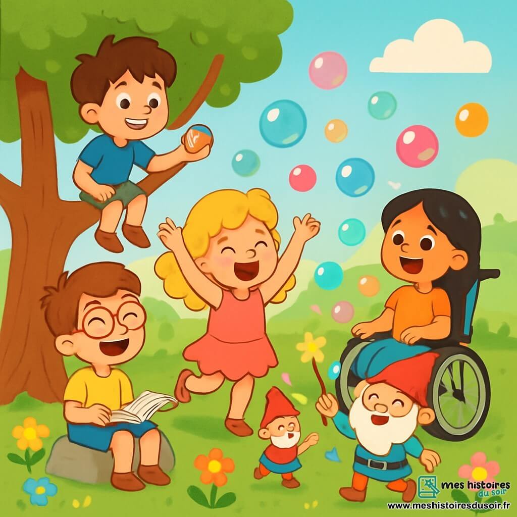Quatre amis se trouvent dans une clairière enchantée : Léo, 7 ans, est perché sur une branche d'arbre avec un caillou coloré. Mila, 6 ans, danse sur l'herbe en robe rose. Tom, 7 ans, assis sur une pierre, rit en regardant Léo avec un livre de contes sur les genoux. Zoé, 6 ans, est dans son fauteuil roulant magique, entourée de bulles de savon. La clairière est pleine de fleurs vives et d'un grand arbre au tronc large, décoré de bulles scintillantes. Les amis aident un gnome à retrouver sa baguette magique, dans une scène joyeuse et magique sous un ciel bleu.