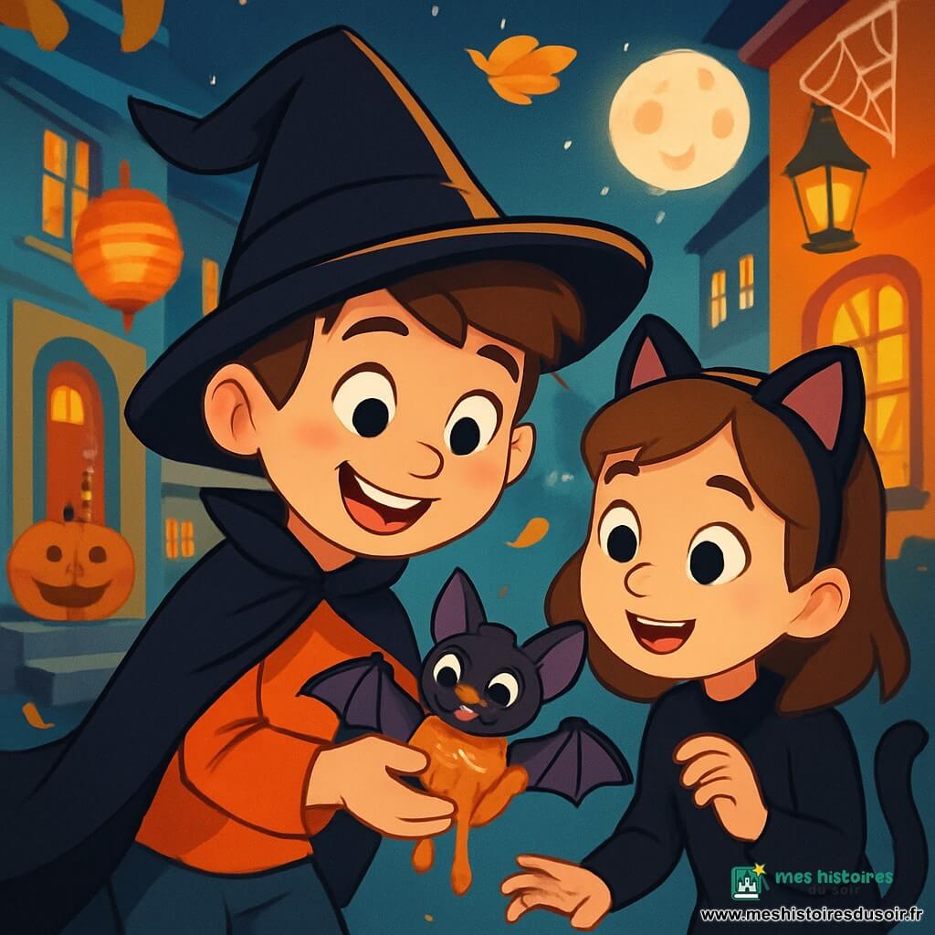 Léo, un garçon de 8 ans, porte une cape noire et un grand chapeau pointu. Son visage exprime excitation et curiosité. À ses côtés, Zoé, également âgée de 8 ans et déguisée en chat, admire une petite chauve-souris qu'il tient dans ses mains. Le décor est une rue d'Halloween avec des maisons colorées, des lanternes orange et des citrouilles souriantes. Léo et Zoé aident la chauve-souris, Pipo, coincée dans du caramel, tandis que des feuilles mortes tourbillonnent autour d'eux, créant une ambiance magique.